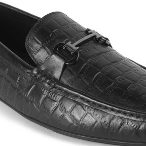 Oxile Black Men's Formal and Semi-Casual Textured Leather Loafers Tresmode