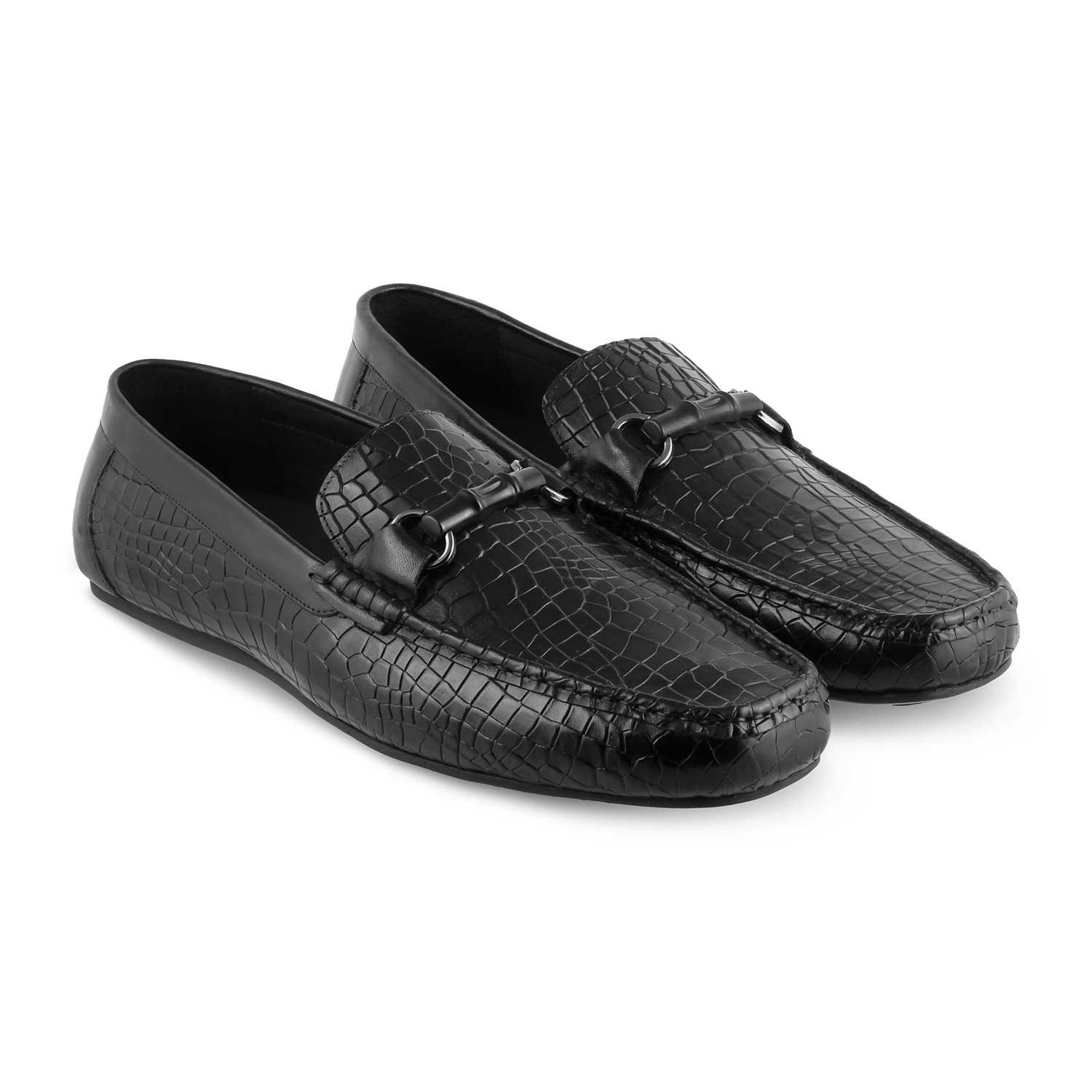 The Croter Black Men's Textured Leather Loafers Tresmode - Tresmode