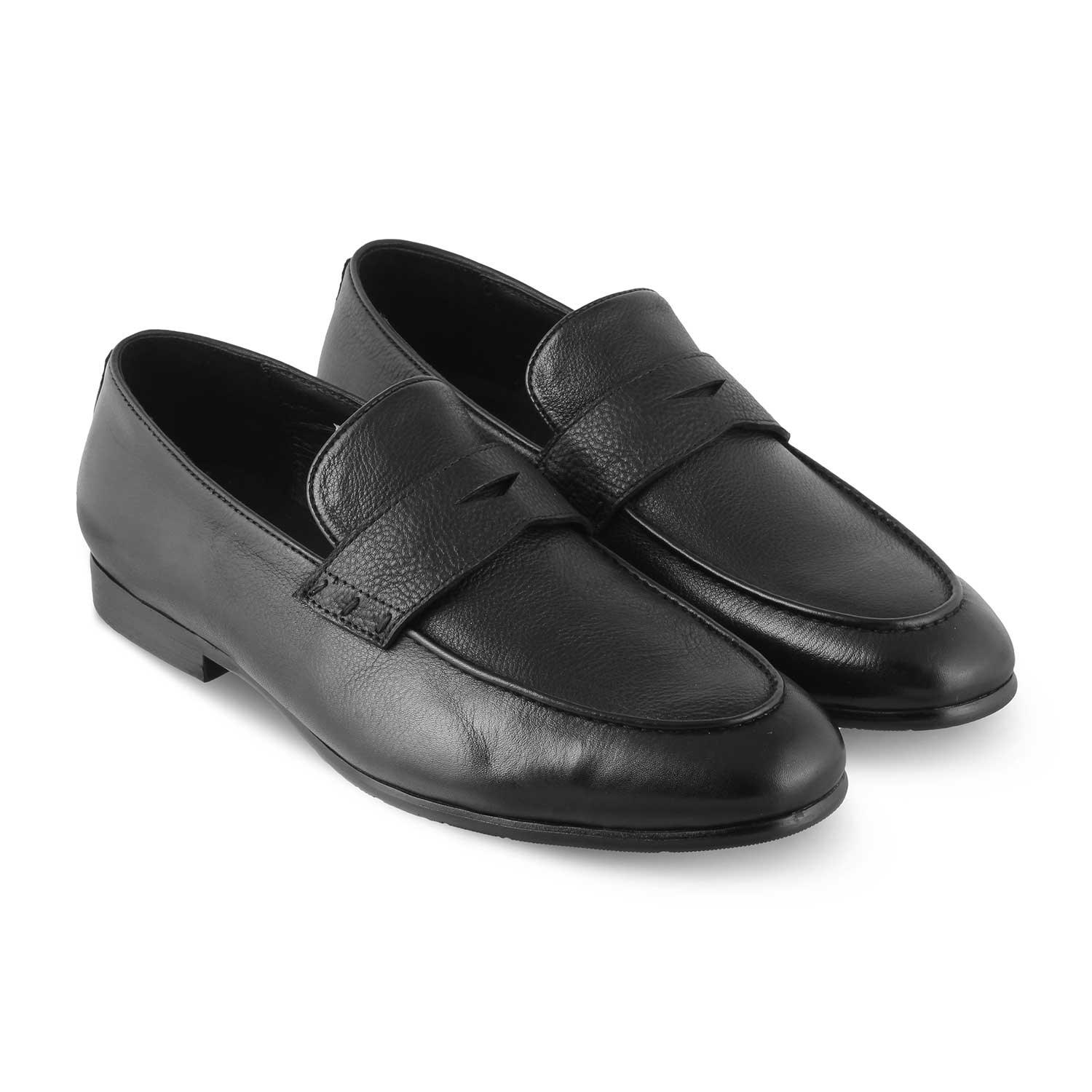 The Douce Black Men's Leather Penny Loafers Tresmode - Tresmode