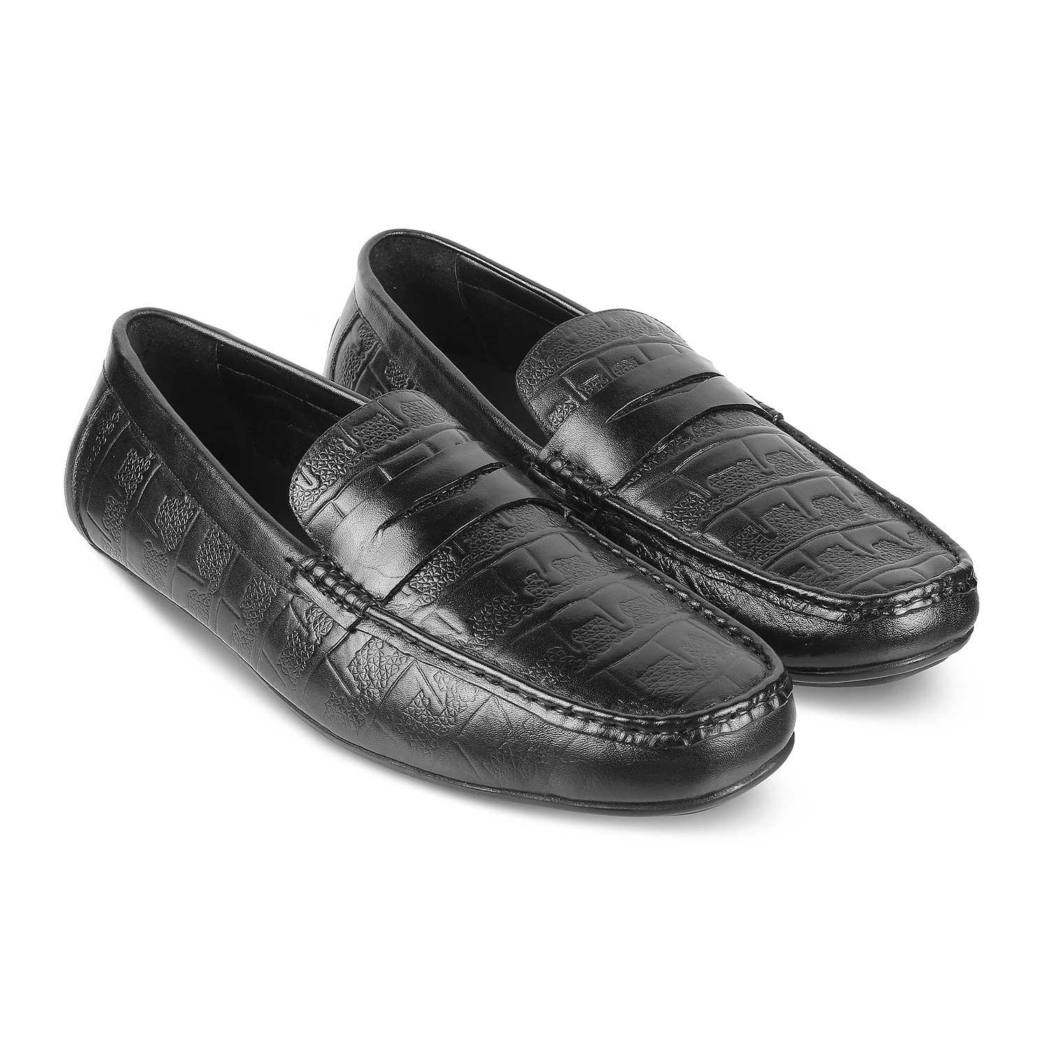 The Miland Black Men's Textured Leather Driving Loafers Tresmode - Tresmode