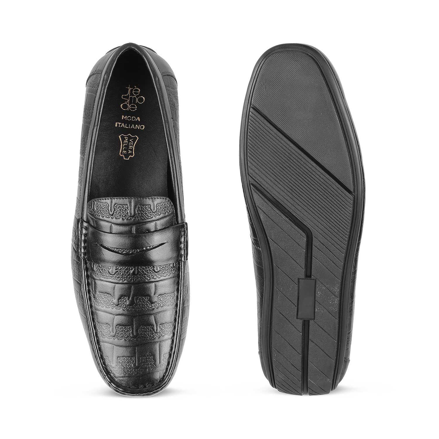 The Miland Black Men's Textured Leather Driving Loafers Tresmode - Tresmode