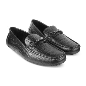 The Miluck Black Men's Textured Leather Driving Loafers Tresmode - Tresmode