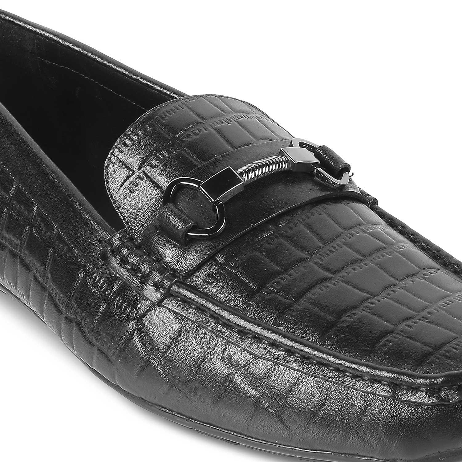 The Miluck Black Men's Textured Leather Driving Loafers Tresmode - Tresmode