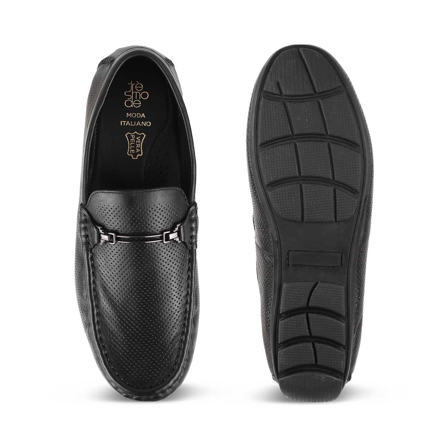 The Open-2 Black Men's Leather Loafers Tresmode - Tresmode