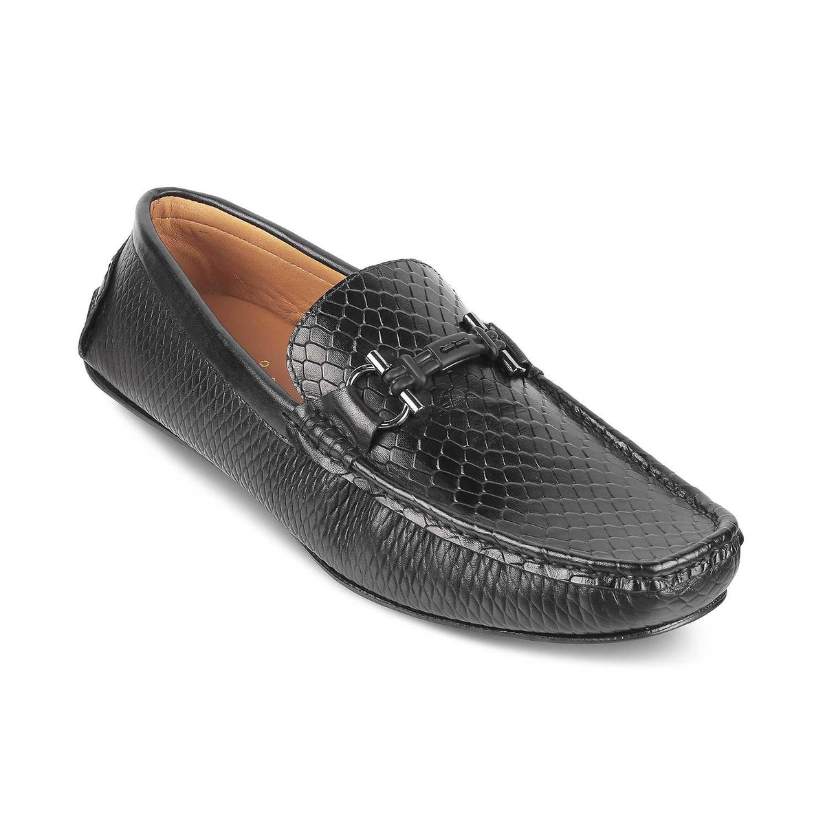 Tresmode Ferro Black Men's Textured Leather Driving Loafers - Tresmode