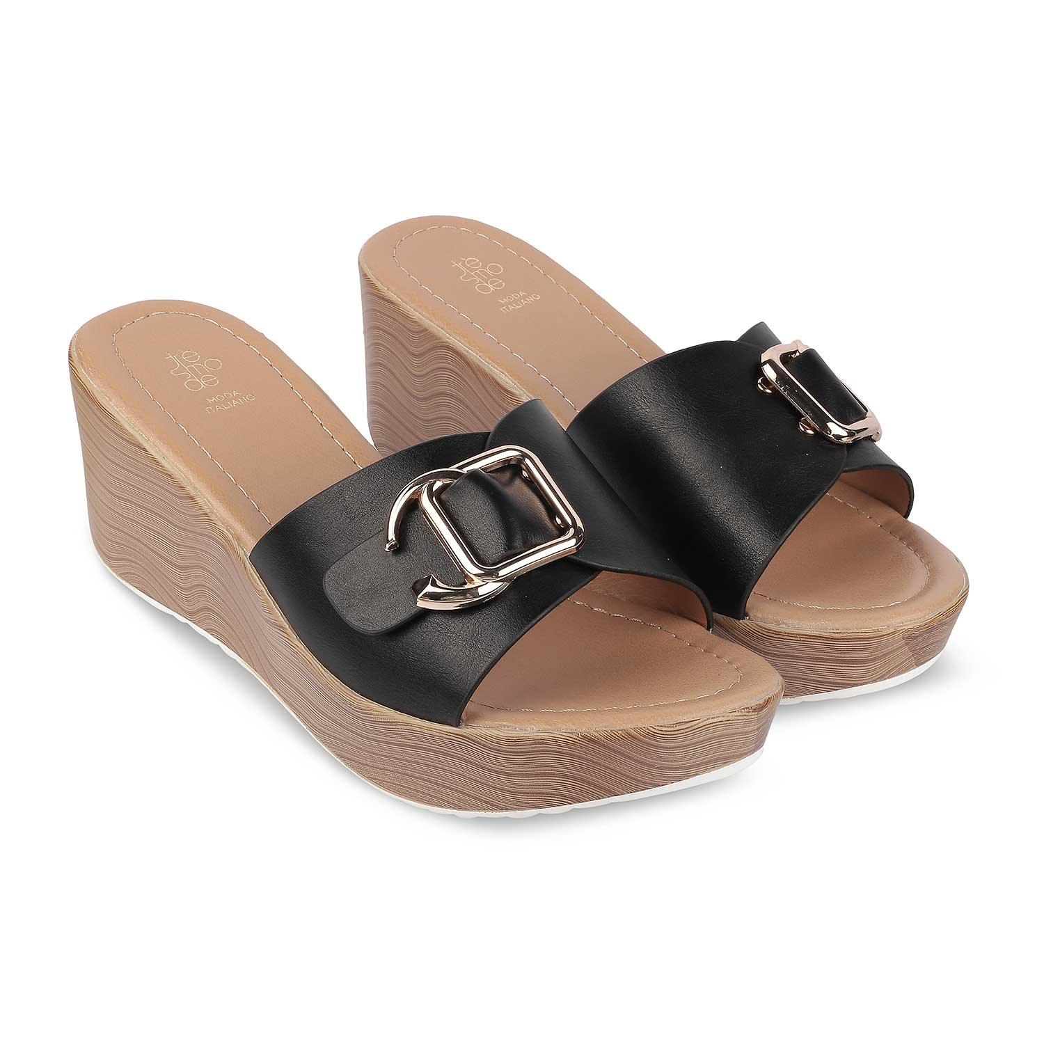 Tresmode Tredge Black Women's Dress Wedge Sandals - Tresmode